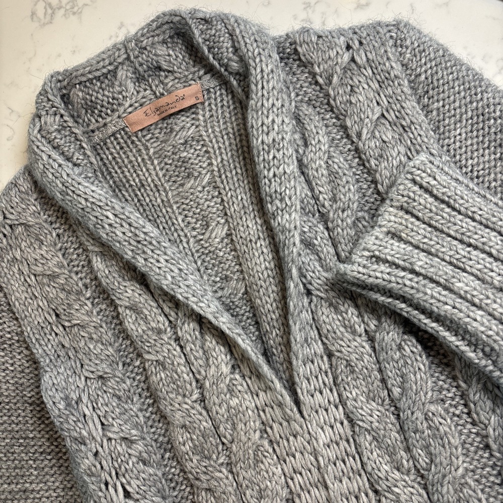 ELSAMANDA Anthropologie Chunky Cable Knit Sweater Cardigan Open Front Gray Sz SM